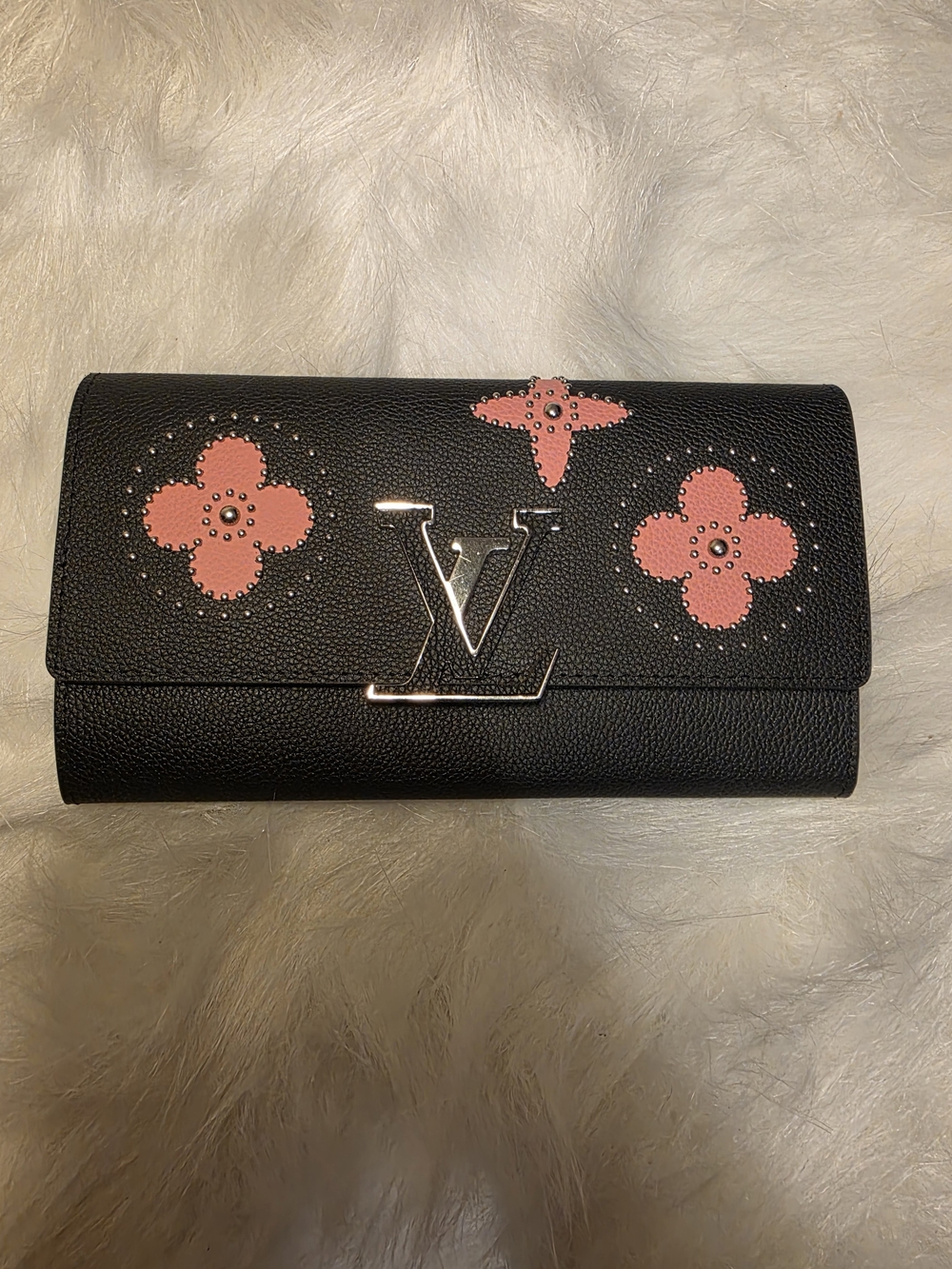 Louis Vuitton Black Leather Wallet with Pink Floral Stud Accents